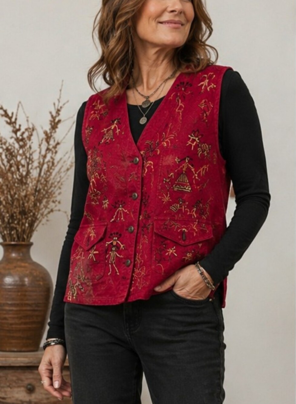 Vintage Chico’s Embroidered Storyteller Vest Cotton Size 2